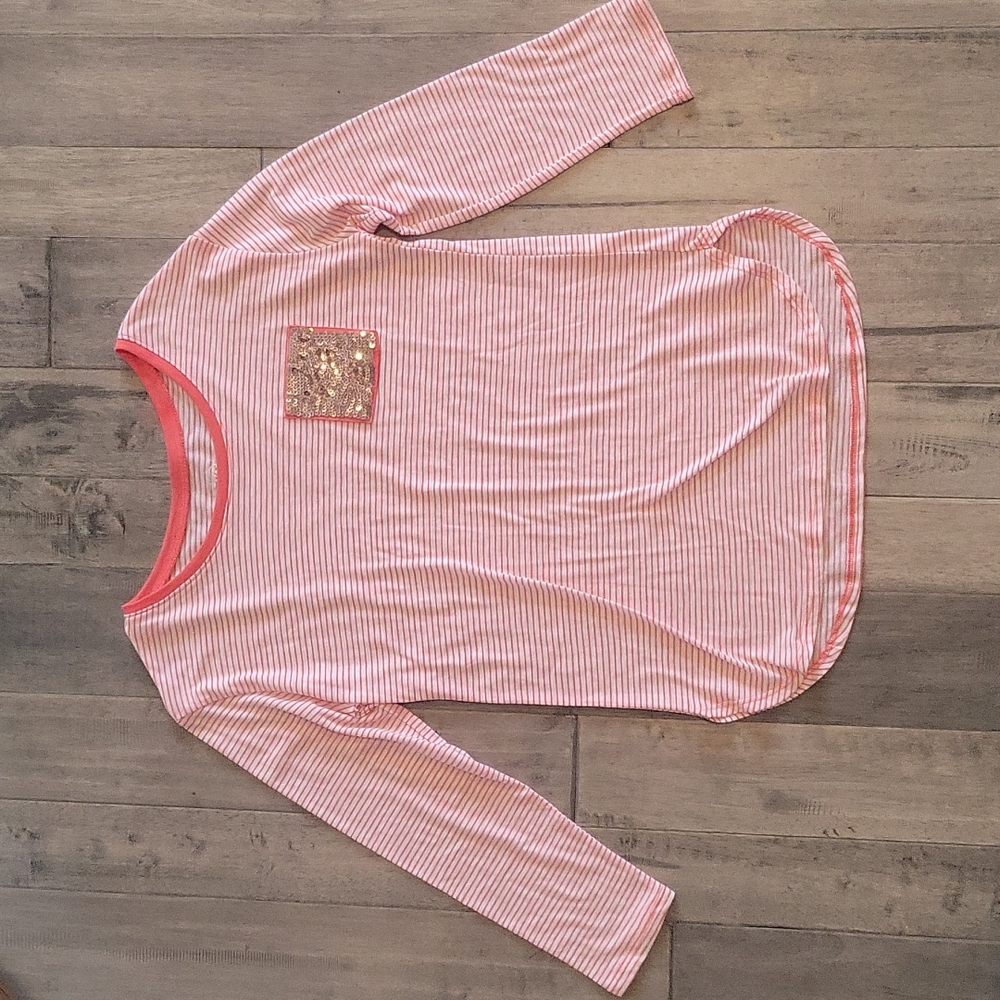 NEW Justice Sequin Pocket Orange Stripes Long Sleeve Shirt - Size 16